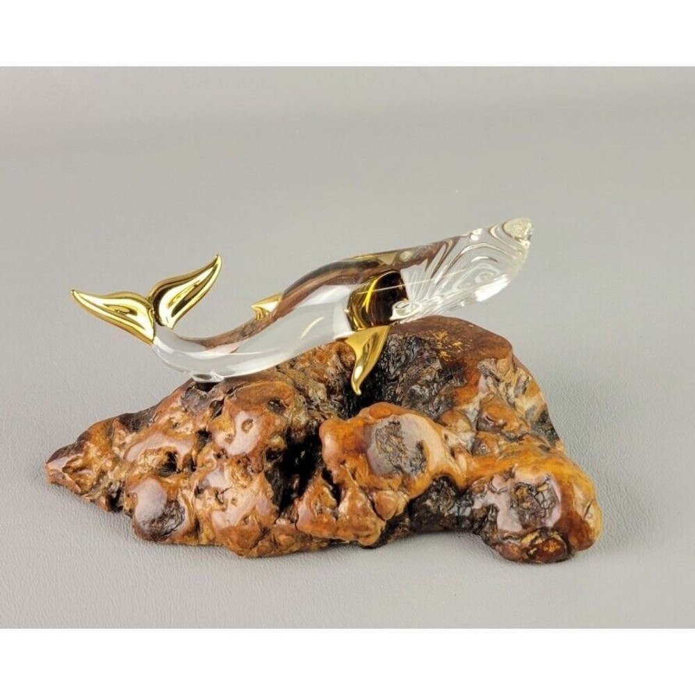 Glass Baron Handcrafted Humpback Whale Wood Mounted Base‎ Gold Trim